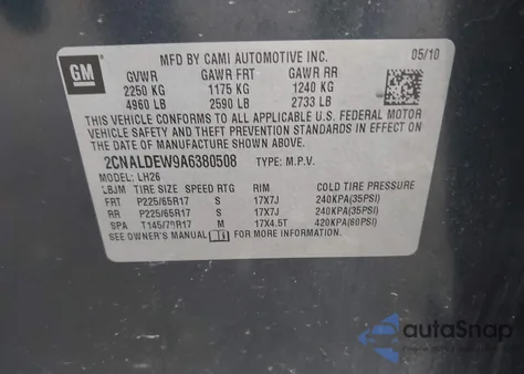 2010 Chevrolet Equinox Lt from USA, damaged, VIN 2CNALDEW9A6380508
